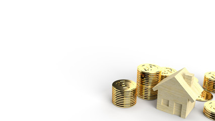 The wooden home toy and gold coins 3d rendering for business content.