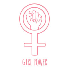 Women resist flat icon with lettering girl power. Woman fist. Symbol of feminist movement. Feminism, support, fight for rights, gender equality concepts. Outline.  Vector stock illustration