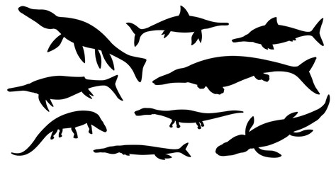 Sea dinosaur black silhouettes of vector jurassic animals or monsters. Prehistoric marine dinosaurs and rwptiles, ichthyosaurus, liopleurodon, kronosaurus and plesiosaur, tylosaurus and sauropterygia © Buch&Bee