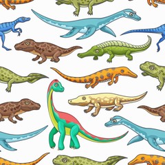 Dinosaurs seamless pattern of cartoon jurassic animals vector background. Prehistoric dino monsters and reptiles backdrop with brachiosaurus, mesosaurus and brontosaurus, eoraptor and pliosaurs