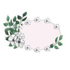 Graphic black white flowers with leaves in the background. Postcards for congratulations, invitations, logos. 