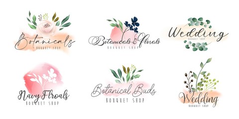 Premade logo with floral and brush stroke watercolor collection 