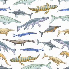 Fototapeta premium Sea dinosaur animals vector seamless pattern of jurassic dino reptiles ansd monsters background. Marine predatory mosasaur, liopleurodon, ichthyosaurus and plesiosaur, tylosaurus and kronosaurus