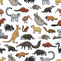 Wild animals vector seamless pattern of zoo or hunting mammals and bird. Animal background of kangaroo, platypus, kiwi and koala bear on branch, badger, beaver, lemur and porcupine, capybara, skunk
