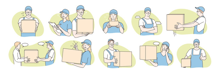 Set of postmen, delivery concept. Collecton of illustrations of postmen boys and girls delivering parcel or order to addressee. Fast or express post. Package delivery in cartoon style. Simple vector