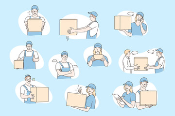 Post office workers, deliverer set concept. Collecton of illustrations of young post office workers men and women delivering parcel or order in carton box with express delivery. Simple flat vector