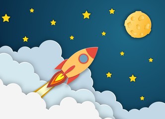 Rocket launch to the Moon.Paper cut startup poster template with space rocket. Concept business idea, startup, exploration. flyers, banners, posters and templates design.