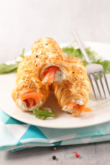 rolling puff pastry with cream cheese and smoked salmon