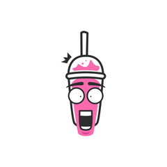 jaw drop shock astonished expression of cup takeaway drink character mascot emoji in pink color drink cartoon style illustration