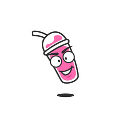 Jumping cup takeaway drink character mascot in pink color cartoon style illustration