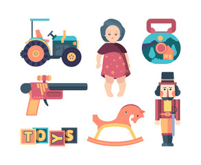 vintage toys. happy childhood decorative funny items blocks soldier dolls and machine. vector retro collection