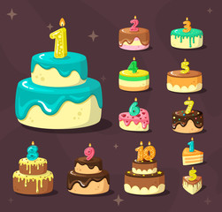 birthday cakes. celebration delicious dessert with anniversary numbers and party candles. vector cartoon birthday set