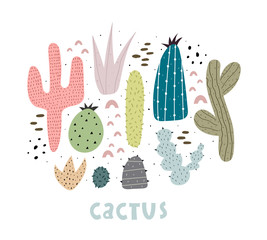 set of cartoon cacti, hand drawing lettering, decor elements. colorful vector illustration, flat style. plants. design for cards, print, poster, logo
