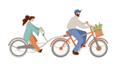 Fototapeta premium Vector cartoon illustration of happy family riding a fixed gear Co-Pilot Bike Trailer, bicycle with two adults, woman and man doing summer activities. Happy couple on a bicycle, isolated on white