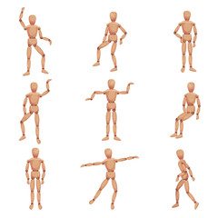 Wooden Man Standing in Different Poses Vector Set