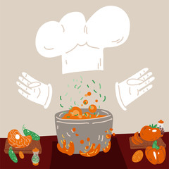 Vector cartoon cute concept of Professional Cooking for small restaurants and home cook. White Hat and gloves with vegetables, meat - ingredients for soup - cook vector concept.