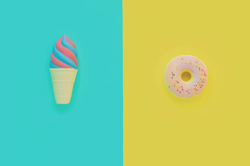 Flat lay antistress toy squish ice cream red blue in waffle cone,pink donut with sprinkles.Bright blue yellow background.Compressing,soft,squeezable items to relieve stress,problems,anxieties,worries