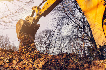 The excavator performs excavation work by digging the ground with a bucket in the forest. © Niko_Dali