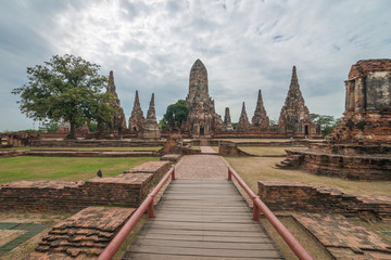 The scenery of the Chaiwattanaram temple in cloudy day in Ayutthaya, Thailand.