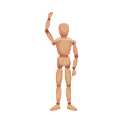 Wooden Man Standing with His Arm Raised Isolated on White Background Vector Illustration