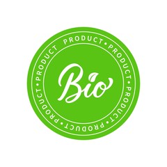 Bio product hand drawn inscription on green circle. Ready vector design for emblem, sticker, badge, packaging, tag, logo.