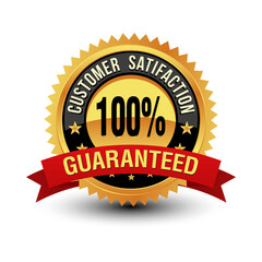 Excellent 100% customer satisfaction guaranteed gold badge, seal, sign with red ribbon isolated on white background.