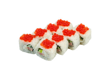 sushi roll with tuna, scrambled eggs, cream cheese and red caviar. white background