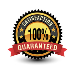 Powerful Gold 100 percent satisfaction Guaranteed button, badge With red ribbon on white background.