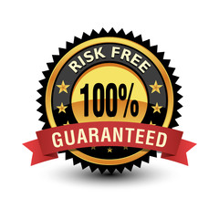 Powerful Gold 100 percent Risk Free Guaranteed button, badge With red ribbon on white background.
