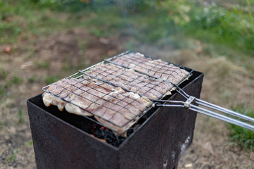 meat steaks cooked on the grill in the garden. grilled meat steaks.