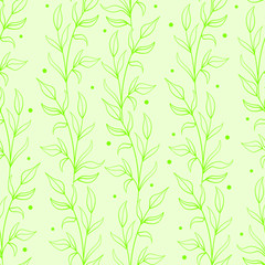 Leaf seamless pattern; green vertical leaf twigs on green background; abstract floral design for fabric, wallpaper, textile, wrapping paper, web design.