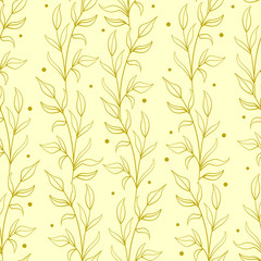 Leaf seamless pattern; gold vertical leaf twigs; abstract floral design for fabric, wallpaper, textile, wrapping paper, web design.