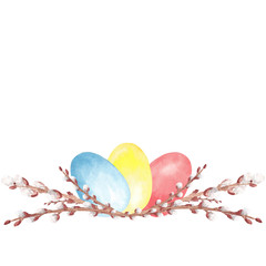 Watercolor hand drawn Easter composition with pussy willow branches and colorful eggs isolated on white background. Design element for holiday card, invitation, background etc.