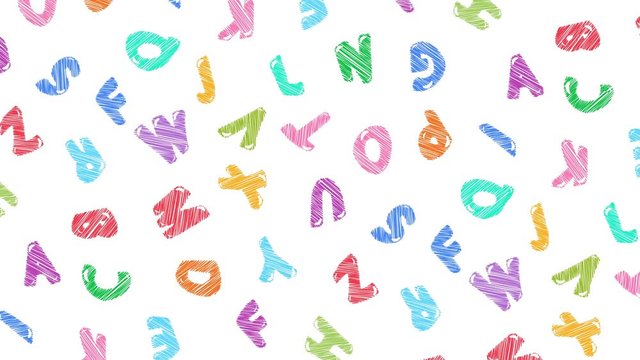 animation pattern bright color letters random flying. Colorful letter on white background for education design. Slow Motion video. Close up top view.
