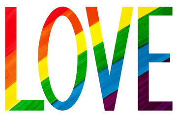 Word LOVE in rainbow colors on white background isolated close up, colorful letters LGBT pride flag colors, LGBTQ community sign, gay, lesbian etc symbol, creative watercolor print, art design element