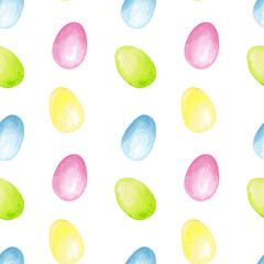 Watercolor hand drawn seamless pattern with pastel multi colored easter eggs isolated on white background. Good for textile, wrapping paper, background, holiday design etc.