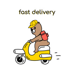 Food delivery a cheerful bear character rides a scooter with an order in a large backpack.Hand-drawn vector illustration in cartoon style.Suitable for delivery services,mobile apps,websites,logos