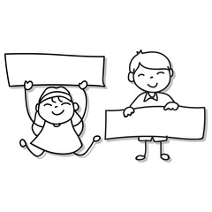 Hand drawing happy boy and girl holding blank paper for message. Abstract people, happiness concept. Vector illustration.