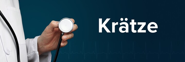 Krätze. Arzt im Kittel hält Stethoskop. Das Wort Diabetes steht daneben. Symbol für Krankheit/Gesundheit
