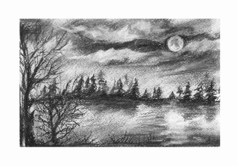 Stock illustration. Nature. The river is drawn in the picture, trees and Christmas trees grow on the shore, night, clouds in the sky and the moon shines, it is reflected in the river. Charcoal drawing
