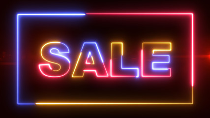 Sale text word on advertising signboard in red, blue and yellow with soft lens flare in background