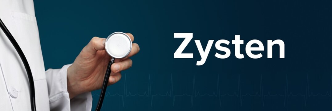 Zysten. Arzt im Kittel h&auml;lt Stethoskop. Das Wort Diabetes steht daneben. Symbol f&uuml;r Krankheit/Gesundheit