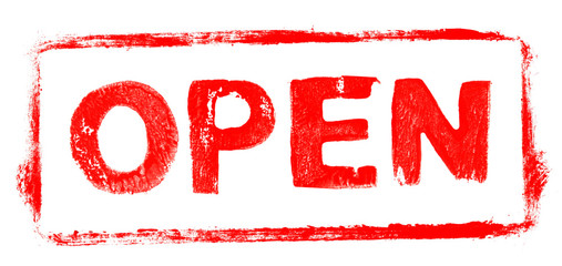 Roter Stempel Rahmen: Geöffnet - Open