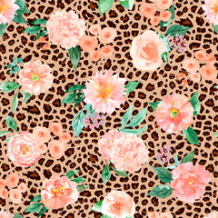 Fototapeta premium Flowers and leopard print seamless pattern, watercolor animal and floral background