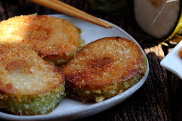 Vietnamese traditional food for Tet, delicious fried glutinous rice cake on plate