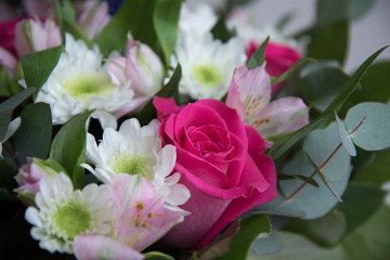 Pink roses and white chrysanthemums as background. Bouquet close-up. Postcard,