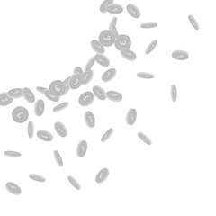 British pound coins falling. Scattered black and w