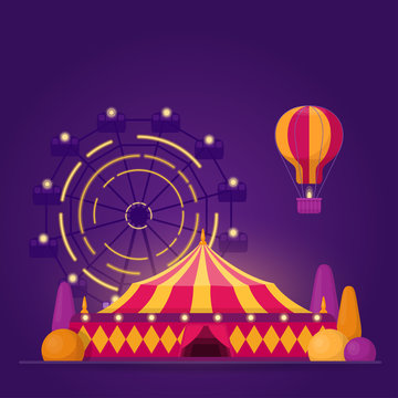 Illustration with amusement park on purple background