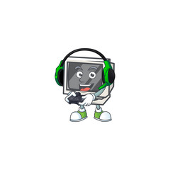Vintage monitor cartoon picture play a game with headphone and controller