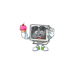 Fototapeta premium Vintage monitor mascot cartoon style eating an ice cream